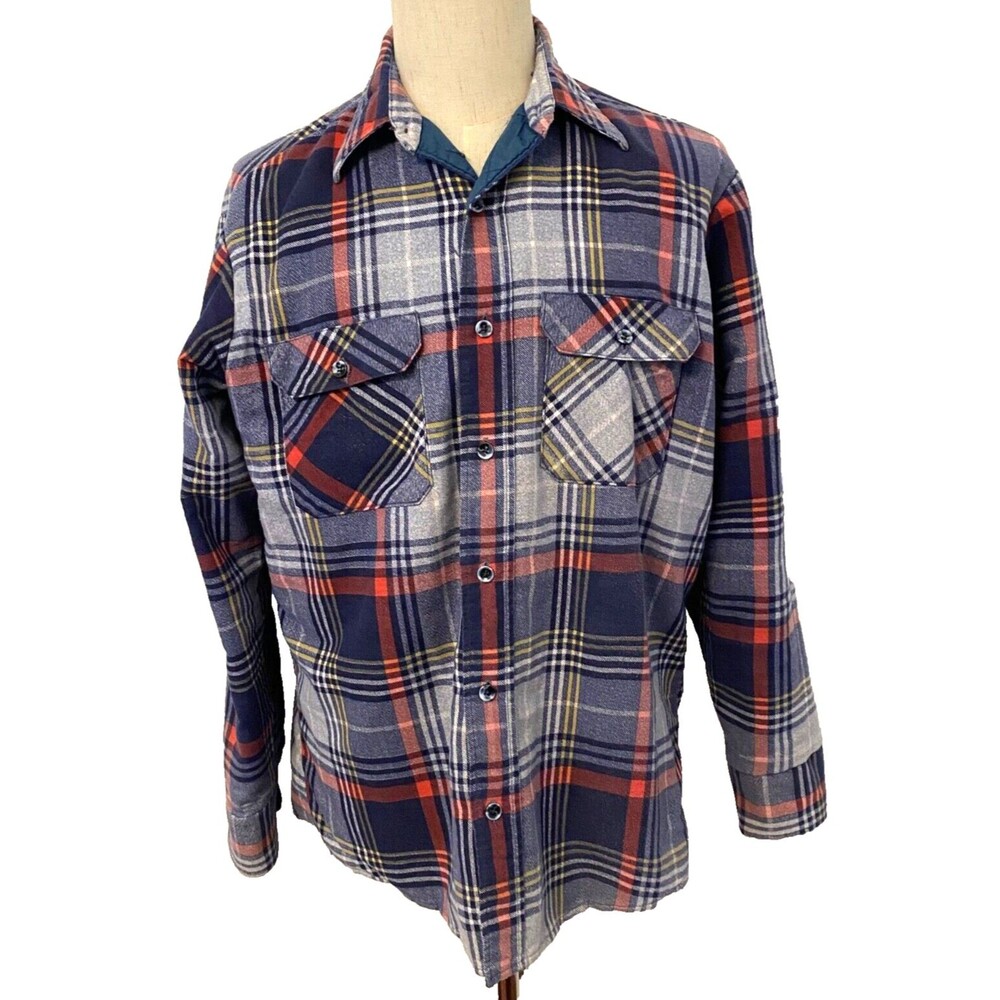 Vintage Fieldmaster Flannel Jacket Mens Large Blue Plaid Made In USA Nylon Lined